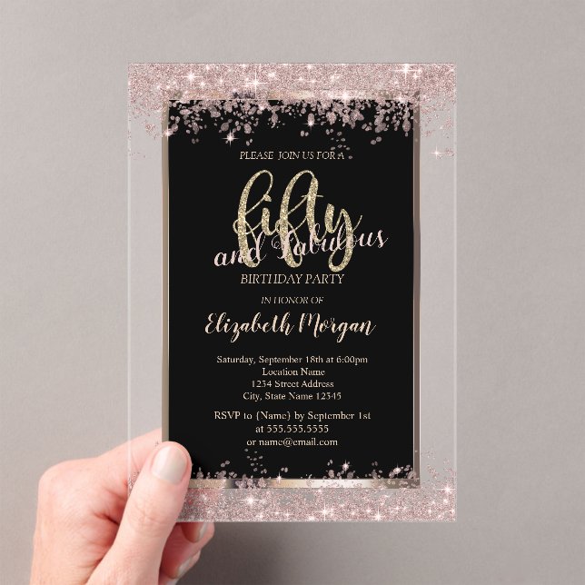Chic Rose Gold Glitter Sparkles 50th Birthday  Acrylic Invitations (Insitu (Handheld))