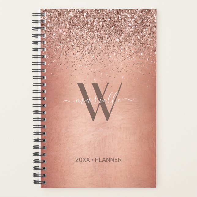 Chic Rose Gold Glitter Sparkles Monogram Name 2022 Planner (Front)