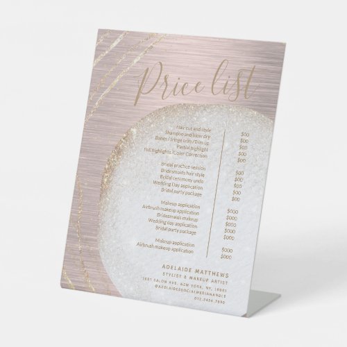 Chic Rose Gold Glitter Stylist Salon Price List Pedestal Sign