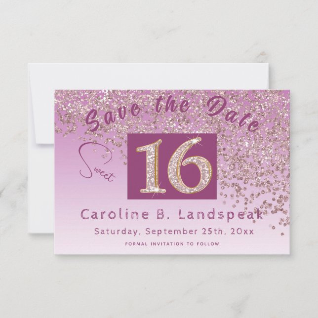 Chic Rose Gold Glitter Sweet 16  Save The Date (Front)