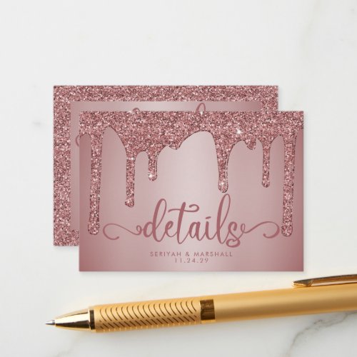 Chic Rose Gold Glitter Wedding Details Enclosure Card