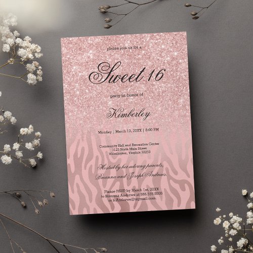 Chic rose gold glitter zebra animal print Sweet 16 Invitation