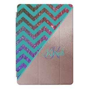 Chic Rose Gold Glittery Chevron Teal Green Name iPad Pro Cover