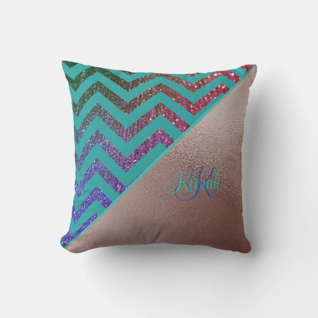 Chic Rose Gold Glittery Chevron Teal Green Name  Throw Pillow (Front)