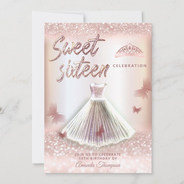 Chic Rose gold glittery dress butterfly tiara Invitation (Front)