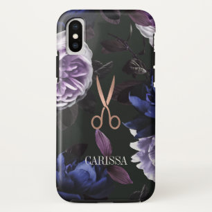 Chic Rose Gold Hairstylist Scissors on Dark Floral iPhone XS Case
