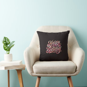 Chic Rose Gold Happy Birthday Glitter Typography Throw Pillow