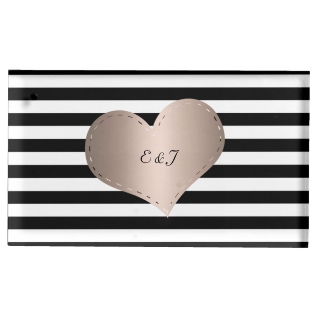 Chic Rose Gold Heart ,Black White Stripes Place Card Holder (Front)