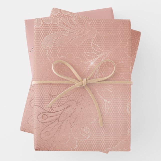 Chic Rose Gold Lace Wedding Wrapping Paper Sheets (In situ)