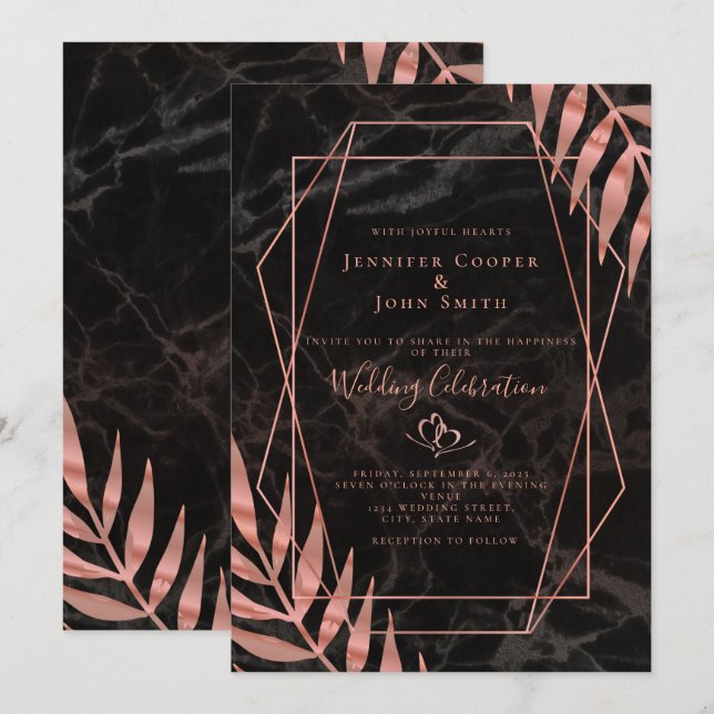 Chic Rose Gold Leaves Geometric Pattern Wedding Invitation (Front/Back)