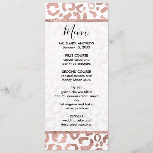 Chic Rose Gold Leopard Cheetah Animal Print Menu (Front)