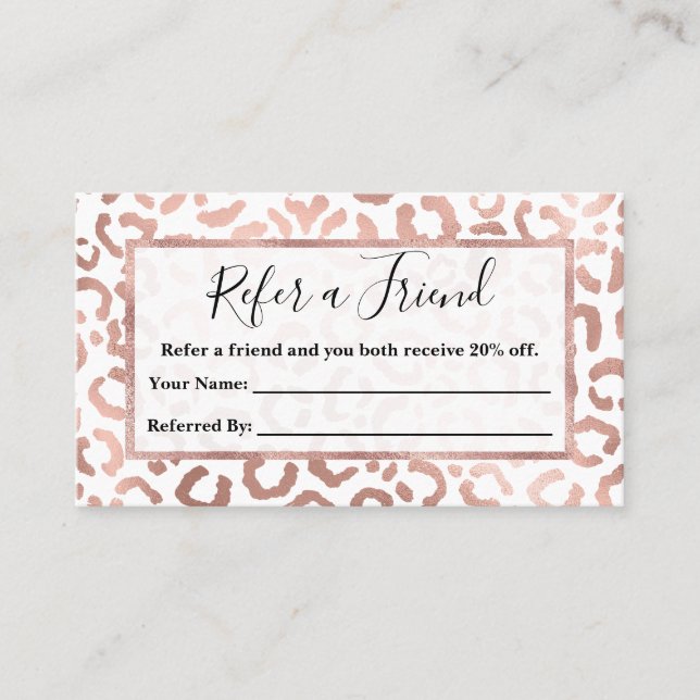 Chic Rose Gold Leopard Cheetah Animal Print Referral Card (Front)