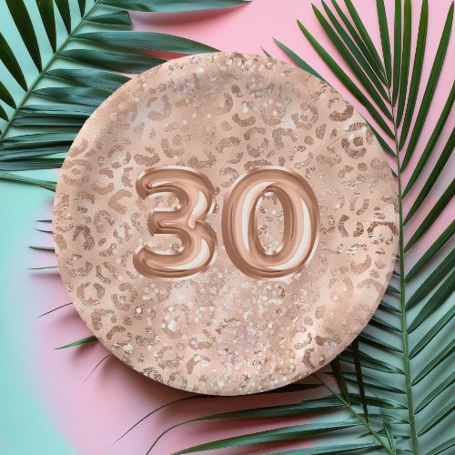 Chic Rose Gold Leopard Print 30th Birthday Paper Plates