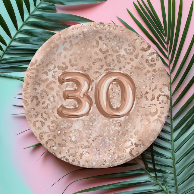 Chic Rose Gold Leopard Print 30th Birthday Paper Plates (Creator Uploaded)
