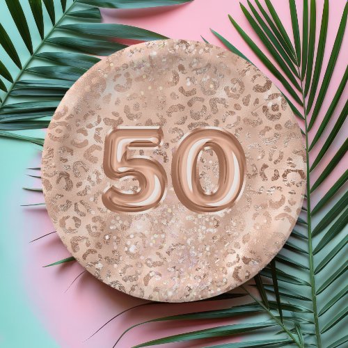 Chic Rose Gold Leopard Print 50th Birthday Paper Plates