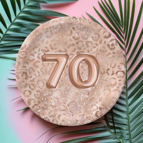 Chic Rose Gold Leopard Print 70th Birthday Paper Plates