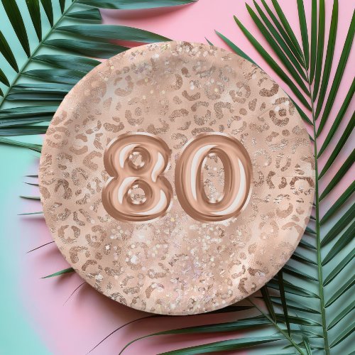 Chic Rose Gold Leopard Print 80th Birthday Paper Plates