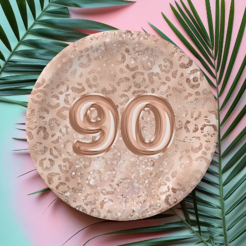 Chic Rose Gold Leopard Print 90th Birthday Paper Plates