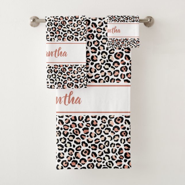 Chic Rose Gold Leopard Print Personalized Bath Towel Set (Insitu)