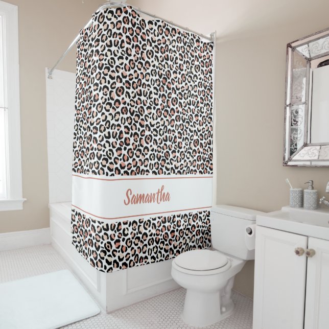 Chic Rose Gold Leopard Print Personalized Shower Curtain (In Situ)