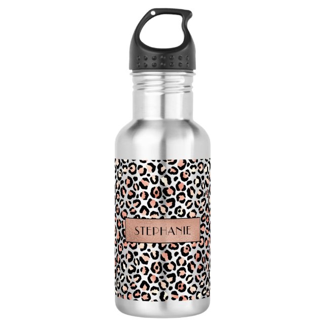 Chic Rose Gold Leopard Print Personalized Stainless Steel Water Bottle (Front)