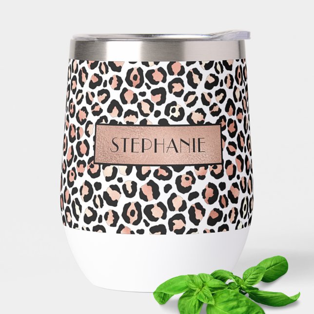 Chic Rose Gold Leopard Print Personalized Thermal Wine Tumbler (Creator Uploaded)