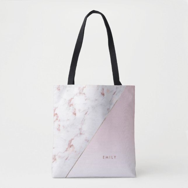 Chic Rose Gold Marble Blush Personalized Tote Bag (Front)