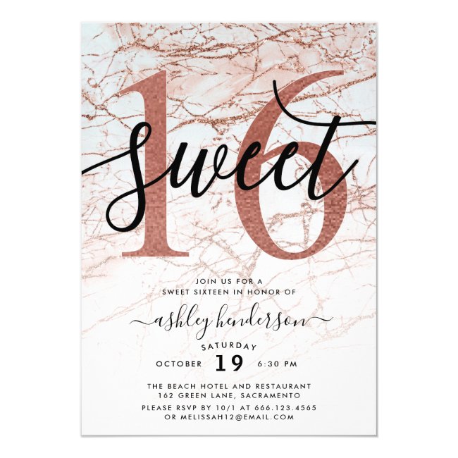 Chic Rose Gold Marble Glitter Sweet Sixteen Invitation