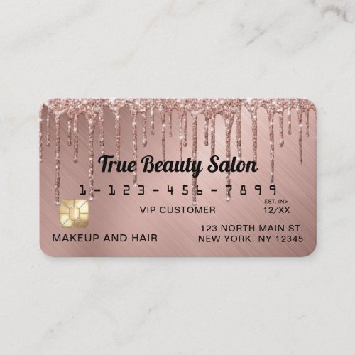 Chic Rose Gold Metallic Glitter Drips Credit Business Card