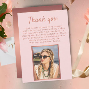 Chic Rose Gold Metallic Photo Birthday Thank You Card
