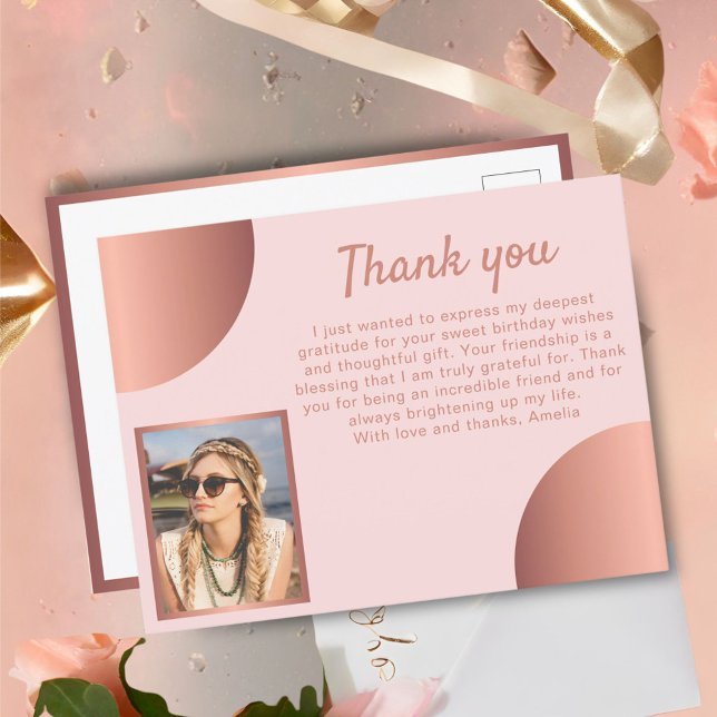 Chic Rose Gold Metallic Photo Birthday Thank you  Postcard (Creator Uploaded)