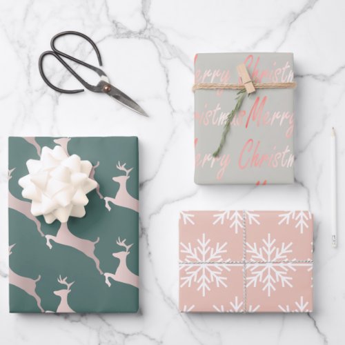 Chic Rose Gold Metallic Pink Script Gray Reindeer Wrapping Paper Sheets