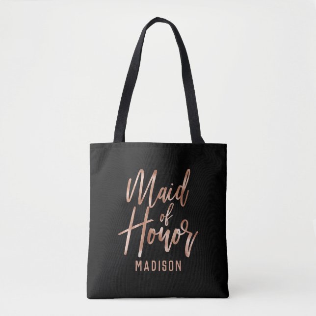 Chic Rose Gold Modern Maid of Honor Monogram Tote Bag (Front)