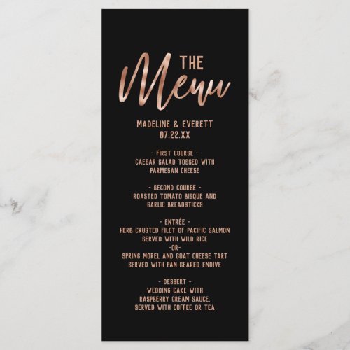 Chic Rose Gold Modern Typography Wedding Menu