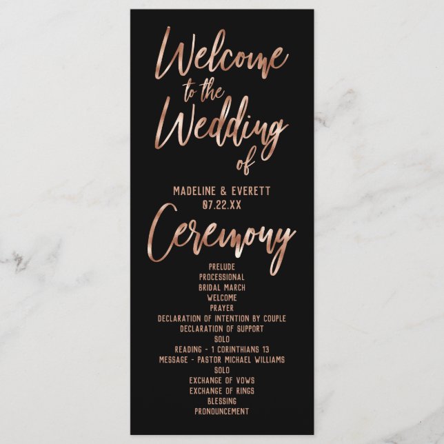 Chic Rose Gold Modern Typography Wedding Program (Front)