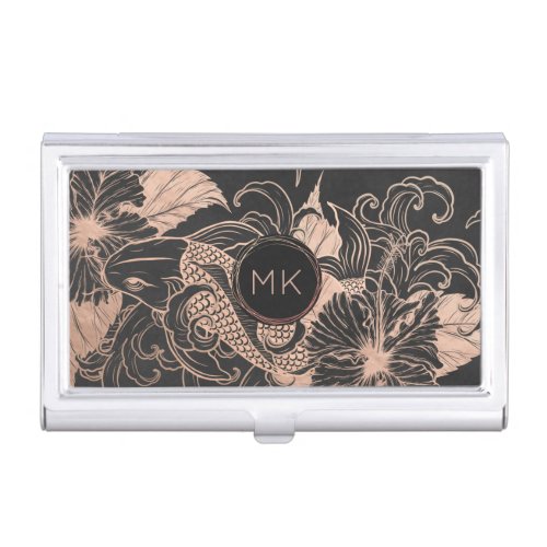 Chic Rose Gold Monogram  Floral Koi Personalized Business Card Case