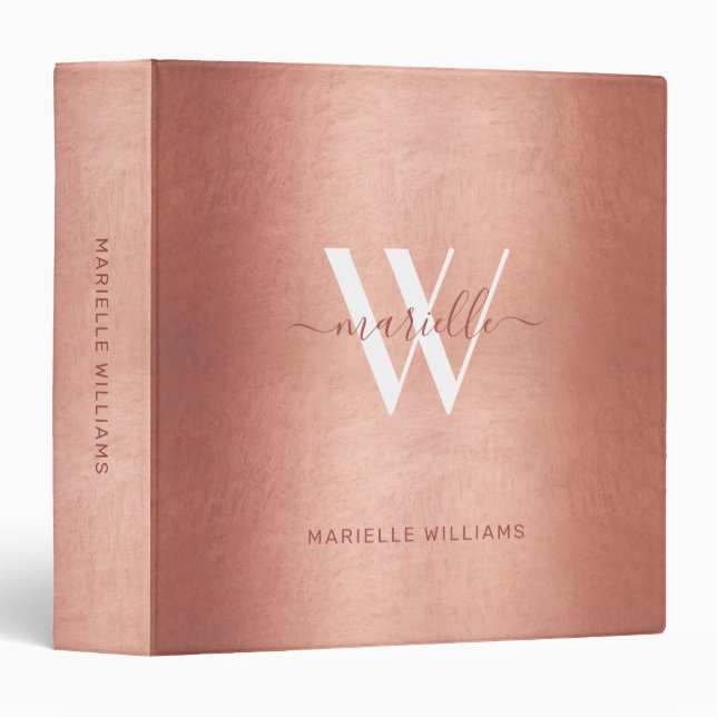 Chic Rose Gold Monogram Name Modern Script 3 Ring Binder (Front/Spine)