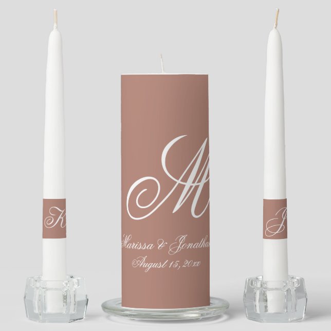 Chic Rose Gold Monogram Script Names White Wedding Unity Candle Set (Front)