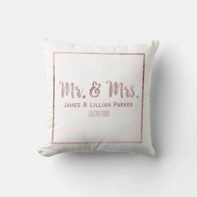 Chic Rose Gold Mr. and Mrs. Monogram Wedding Throw Pillow (Front)