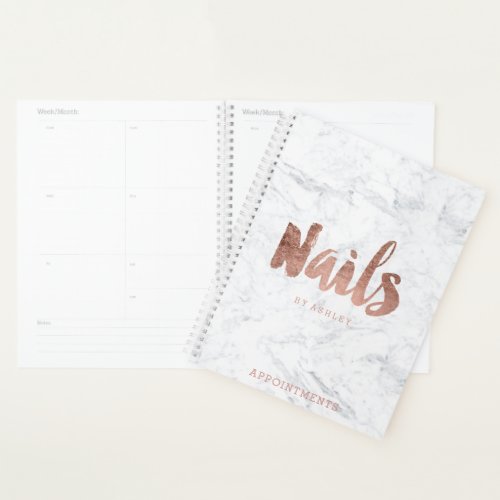 Chic rose gold nails typography marble appointment planner
