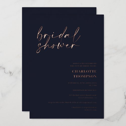 Chic rose gold navy casual script bridal shower foil invitation