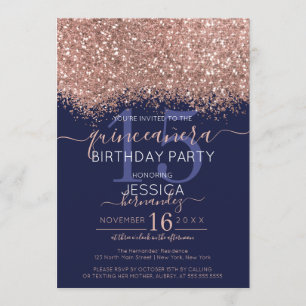 Chic Rose Gold Navy Glitter Confetti Quinceañera Invitation