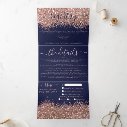 Chic Rose Gold Navy Glitter Registry Detail RSVP Tri_Fold Invitation