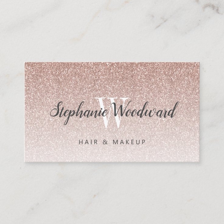 Chic Rose Gold Ombre Glitter Monogram Hair Salon Business Card | Zazzle