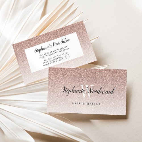 Chic Rose Gold Ombre Glitter Monogram Hair Salon Business Card