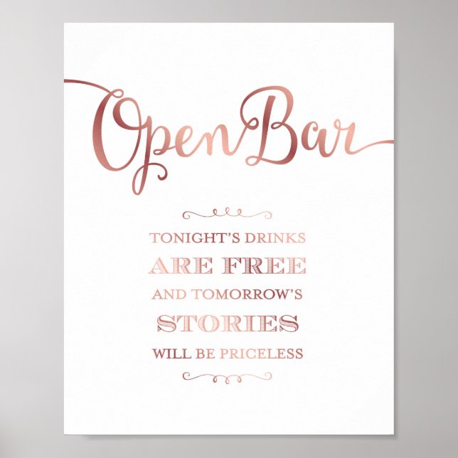 Chic Rose Gold OPEN BAR QUOTE Sign Print (Front)