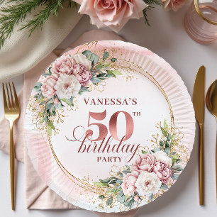 Chic Rose Gold Peony 50th Birthday Party Plates