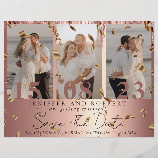 Chic Rose Gold Photo Collage Save the Date Card Flyer (Front)
