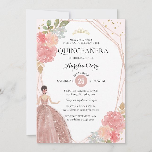Chic Rose Gold Pink Floral Geometric Quinceañera I Invitation (Front)