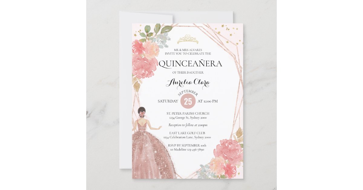 Chic Sage Green Baby Pink Floral Gold Quinceañera Invitation